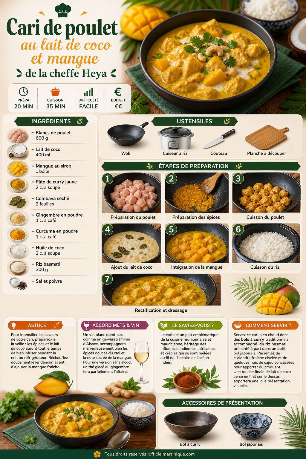 Fiche recette Recette de cari de poulet au lait de coco et mangue de la cheffe Heya