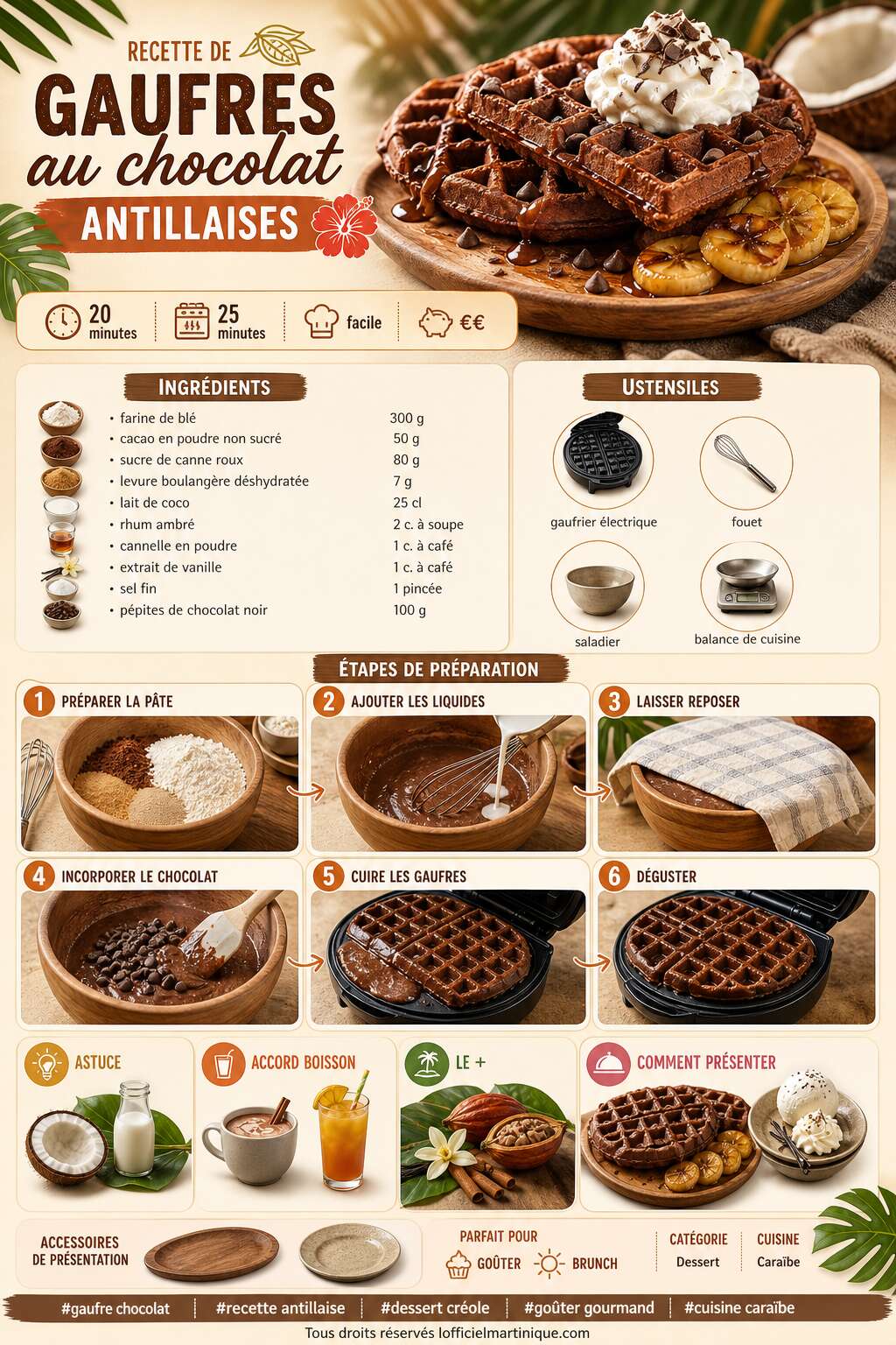 Fiche recette Recette de gaufres au chocolat antillaises Fiche recette Recette de gaufres au chocolat antillaises